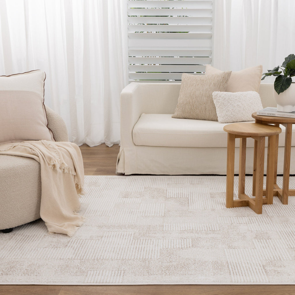 Wellington Distressed Shapes Beige Rug - W006 styled with furniture
