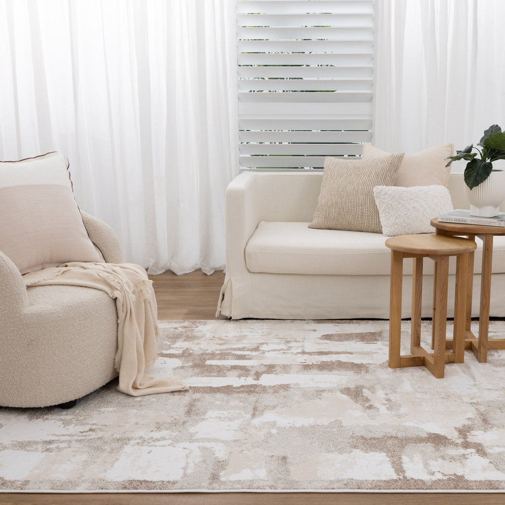 Wellington Abstract Wash Brown Rug - W007 styled with furniture