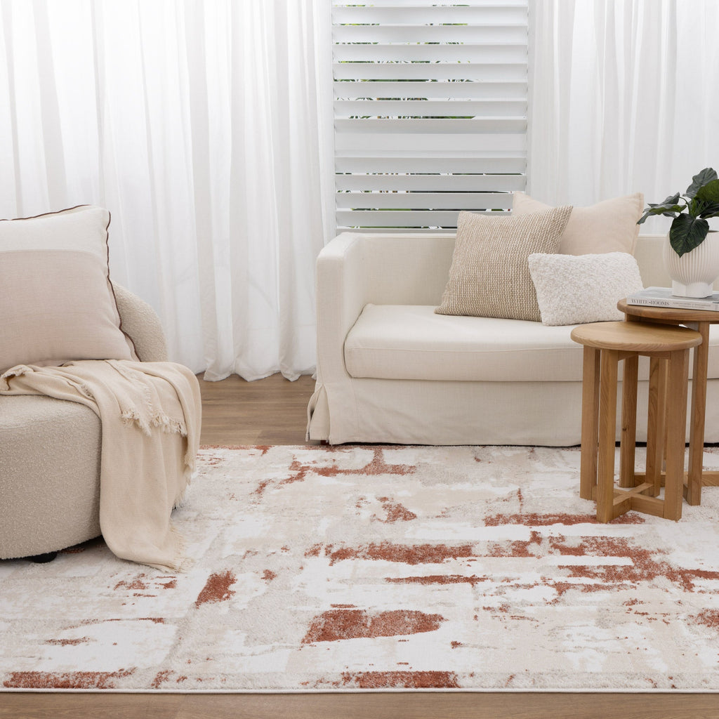 Wellington Abstract Wash Rust Rug - W010 styled with furniture