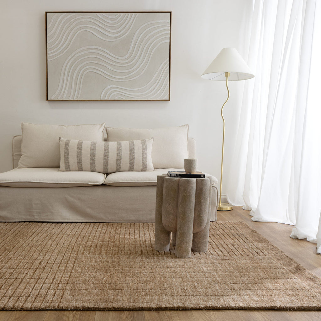Canyon Warm Sand Carved Rug - CANYON03 styled with furniture