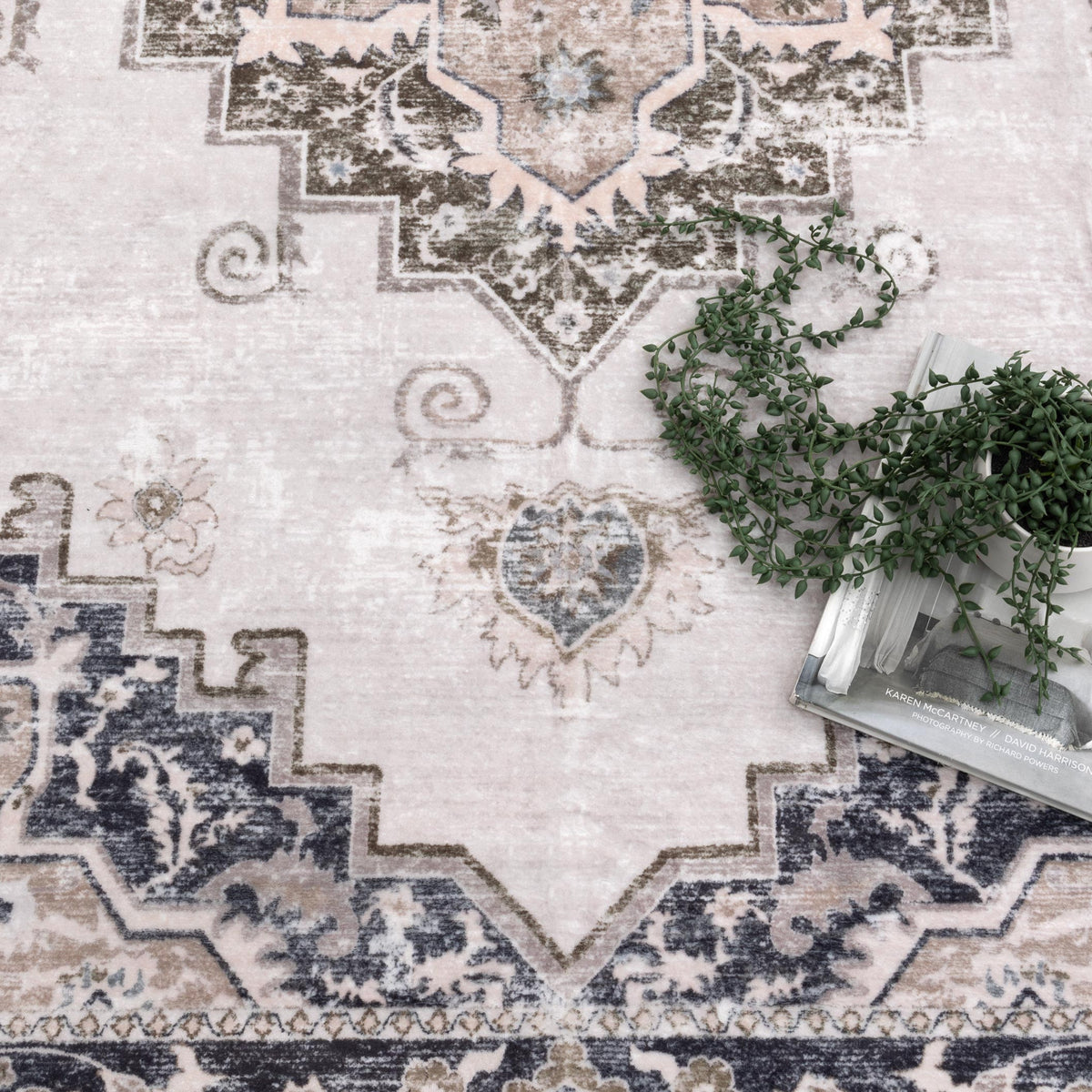 Washwell WASH004 Beige Grey Medallion Washable Rug – view 3
