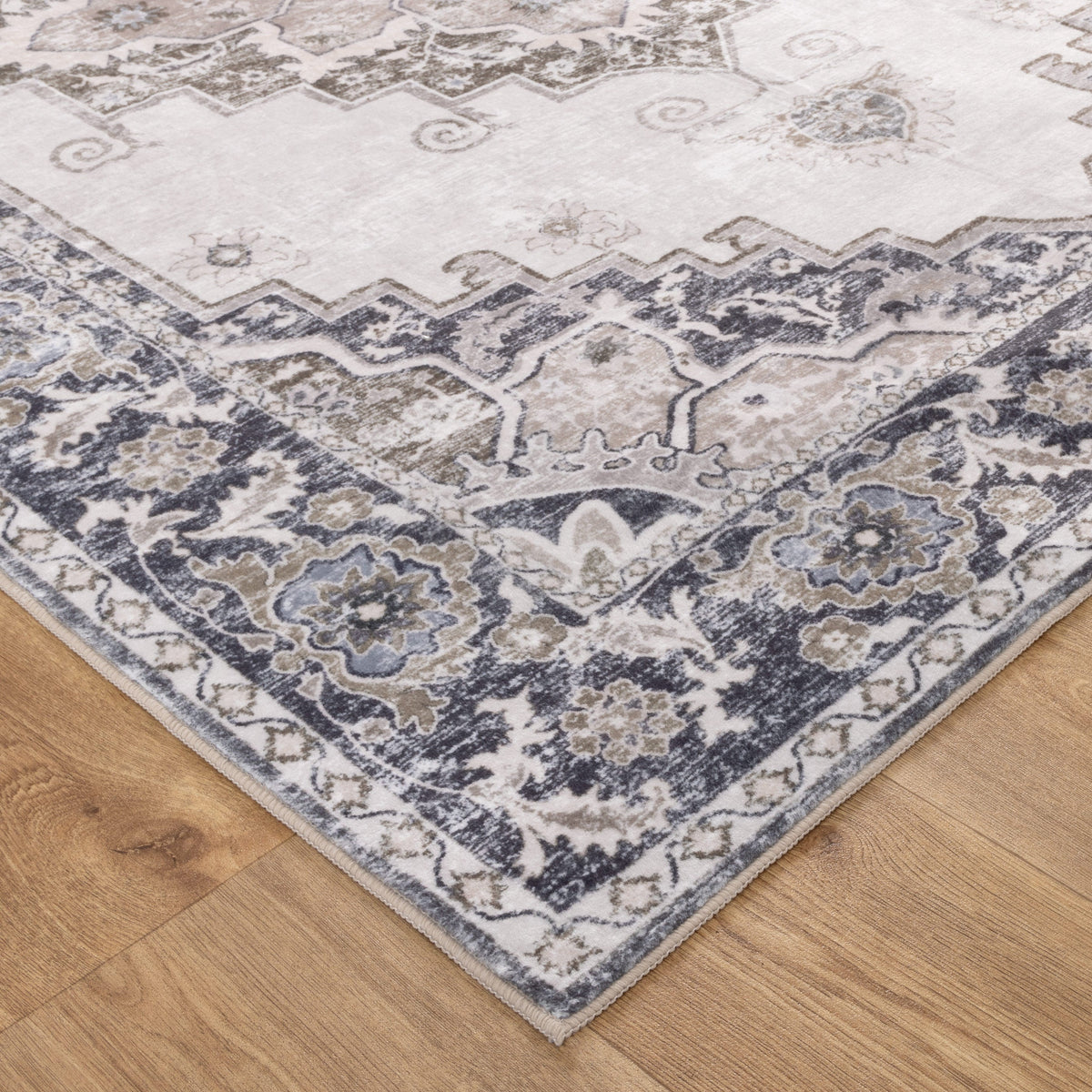 Washwell WASH004 Beige Grey Medallion Washable Rug – view 4