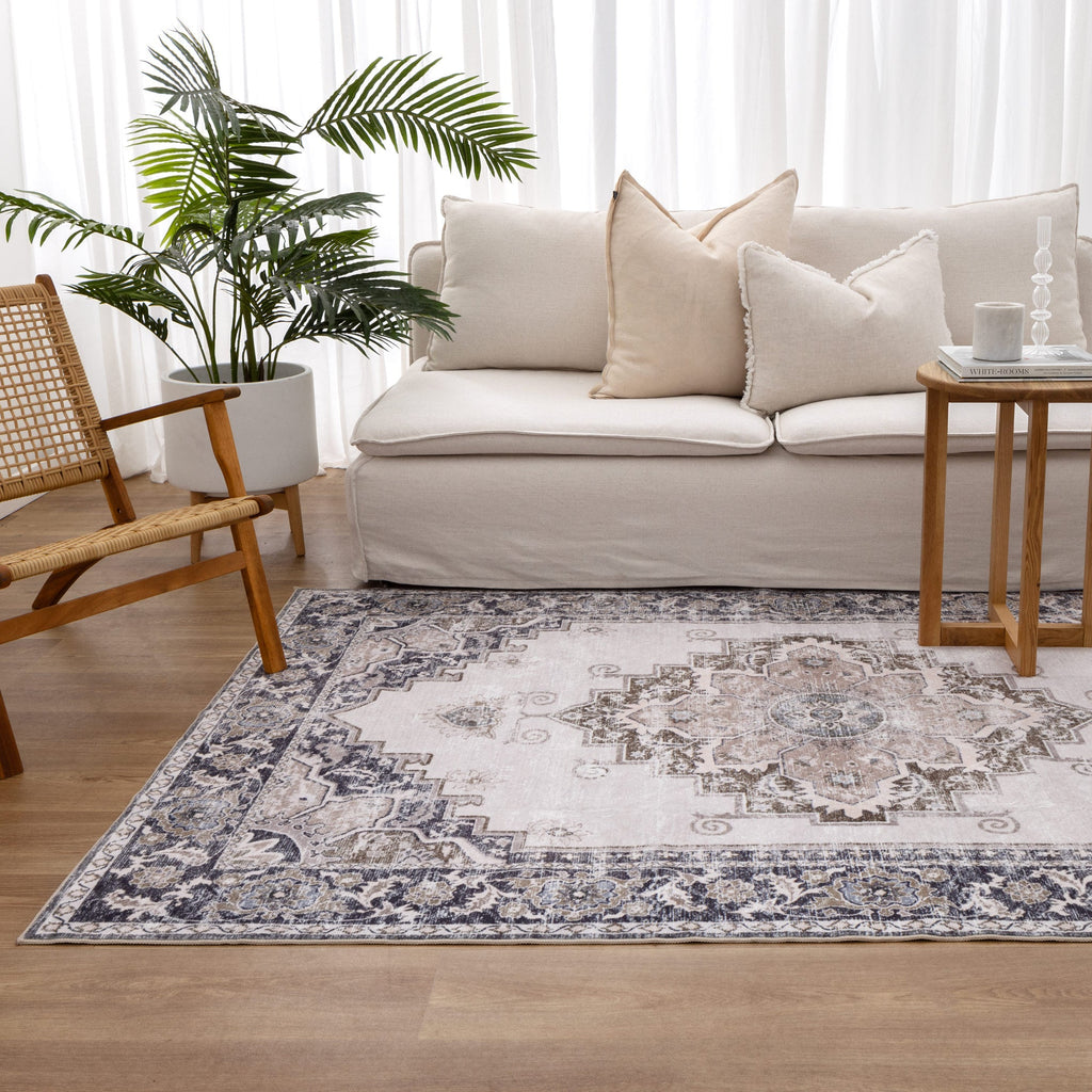 Washwell WASH004 Beige Grey Medallion Washable Rug styled with furniture