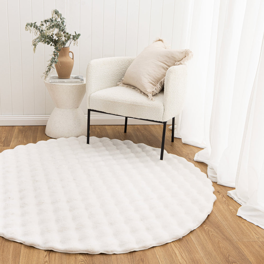 Purity White Round Washable Shaggy Rug styled with furniture