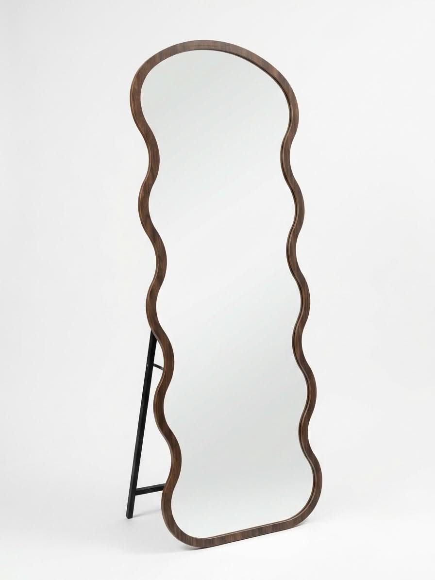 Wavy Full-Length Floor Mirror with dark wood finish, featuring an asymmetrical silhouette for modern living spaces.