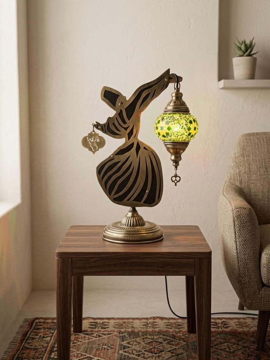 Whirling Dervish Mosaic Table Lamp showcasing a green Turkish glass light on a wooden table.
