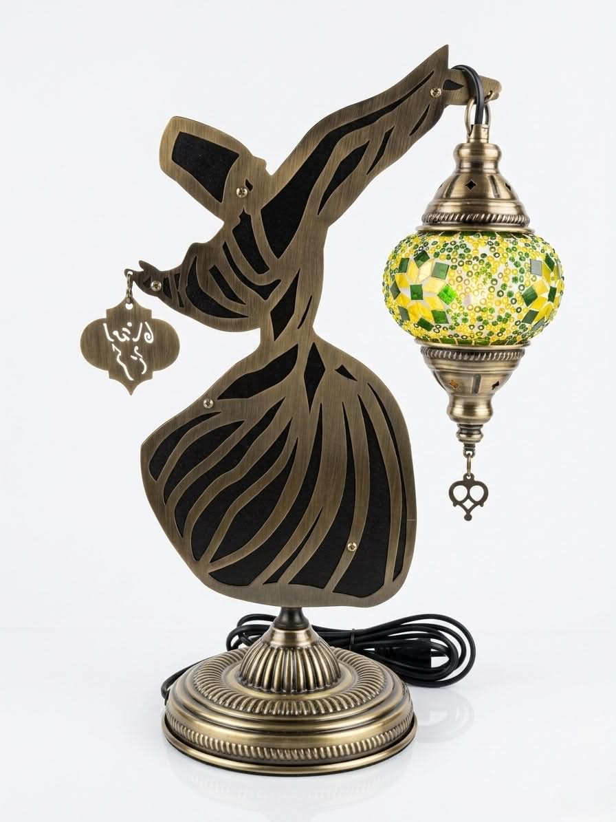Whirling Dervish Mosaic Table Lamp with green mosaic glass shade and antique metal finish
