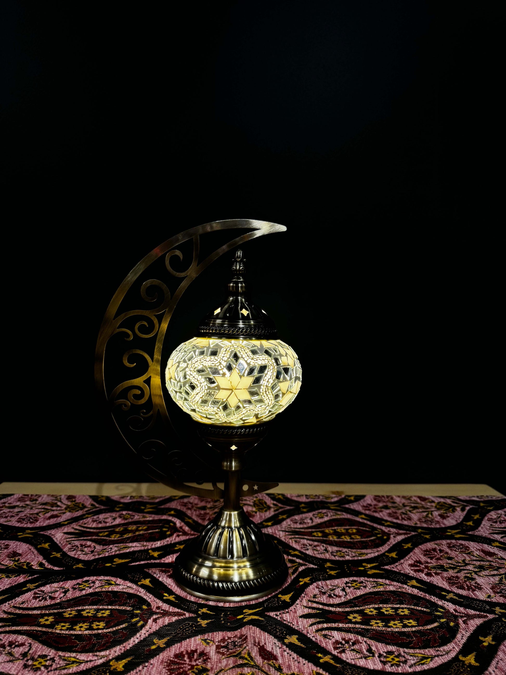 White Radiance Turkish Mosaic Lamp - Crescent Moon Design-Shop the White Radiance Turkish Mosaic Lamp! Features pristine white star mosaic design with a crescent moon stand. Includes LED bulb. Perfect for decor or gifting.-Bazaar G Rugs N Gifts