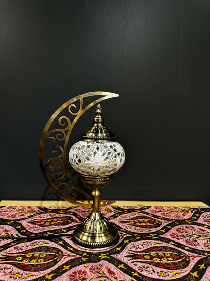 White Radiance Turkish Mosaic Lamp - Crescent Moon Design-Shop the White Radiance Turkish Mosaic Lamp! Features pristine white star mosaic design with a crescent moon stand. Includes LED bulb. Perfect for decor or gifting.-Bazaar G Rugs N Gifts