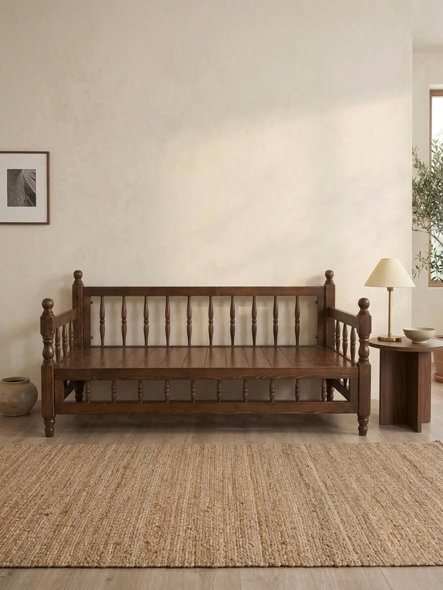 Wood Sedir Bench in a stylish room with natural decor and warm lighting.