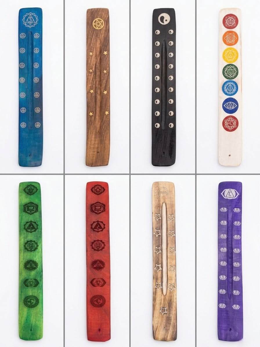Wooden Incense Stick Holder 20x4 cm – Assorted Spiritual Designs