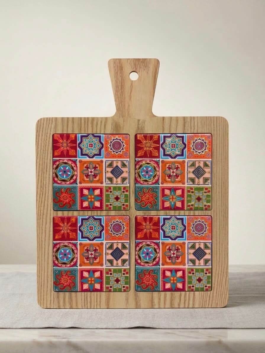 Wooden Serving Board 25cm with Tile Design featuring colorful Turkish-inspired tile patterns.