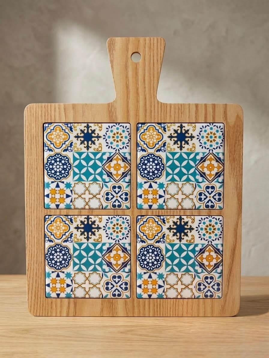 Wooden Serving Board 25cm with Tile Design featuring colorful tile patterns and natural wood.
