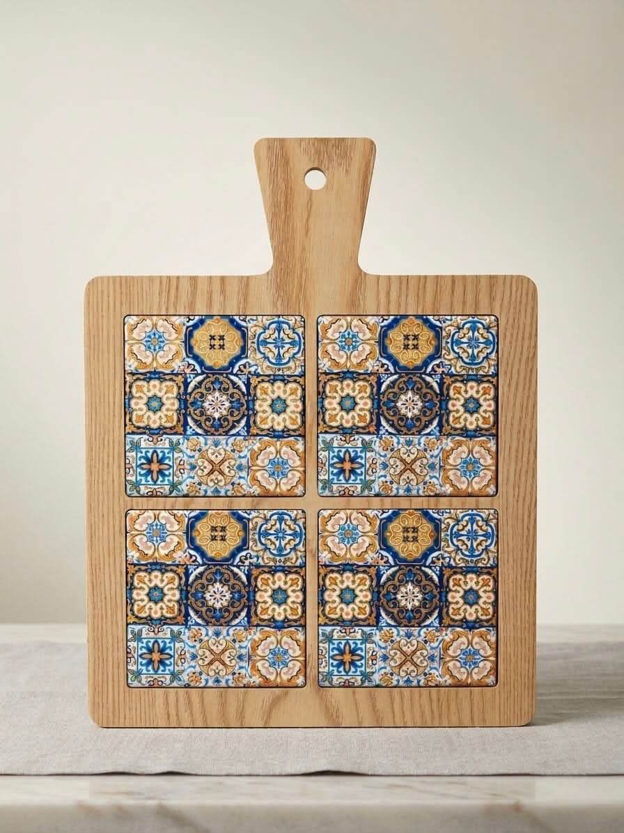 Wooden Serving Board 25cm with Tile Design featuring vibrant Turkish tile patterns.