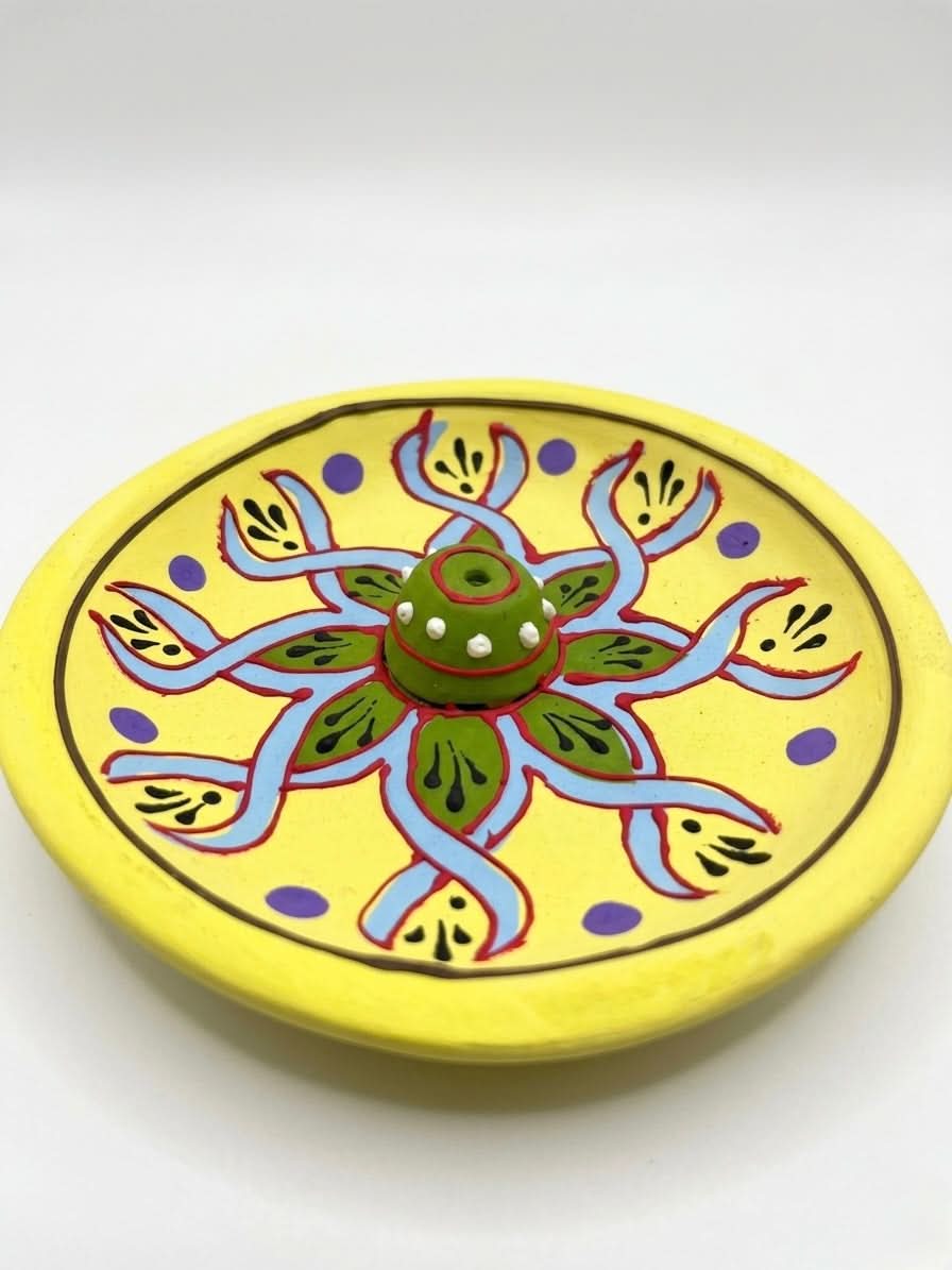 Yellow Floral Incense Stick Holder - 12.5cm round decorative piece with vibrant floral design.