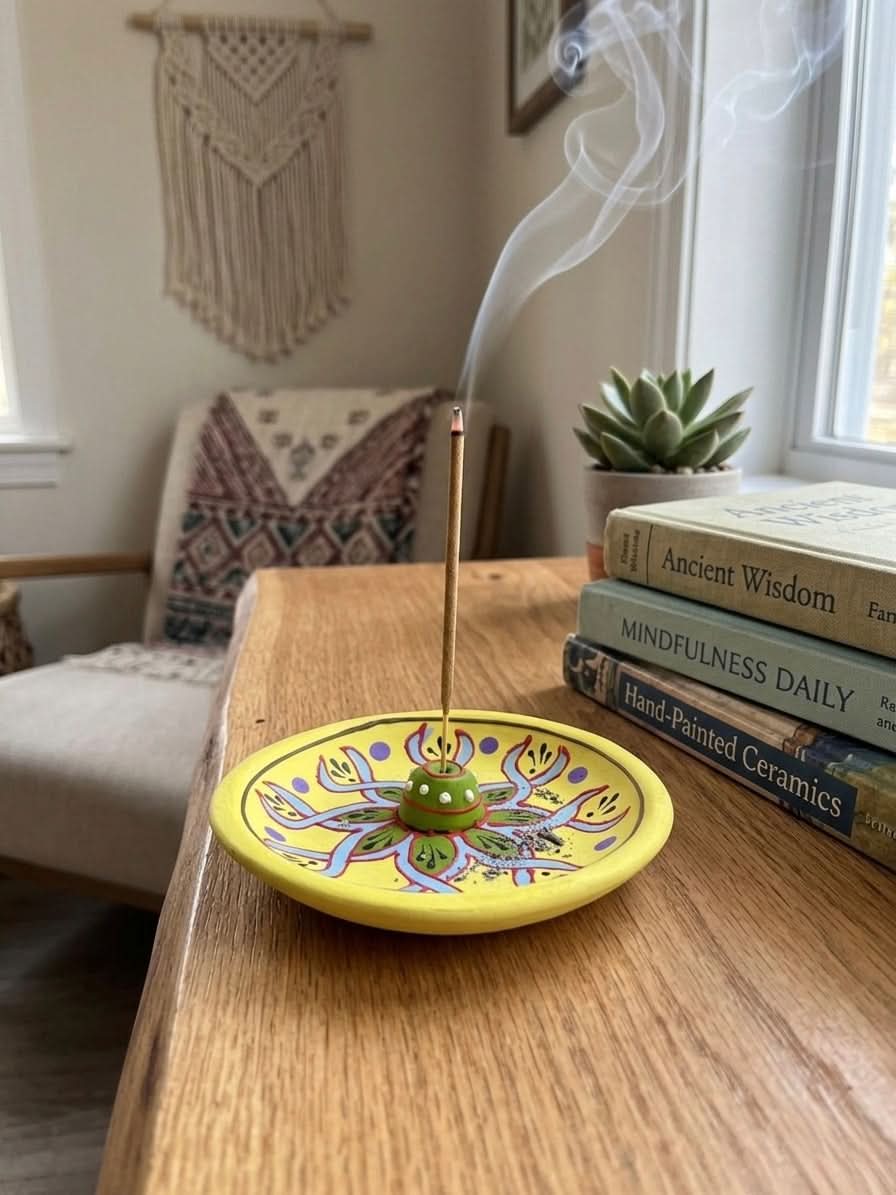 Yellow Floral Incense Stick Holder on a wooden table with smoke rising, surrounded by books and a plant.