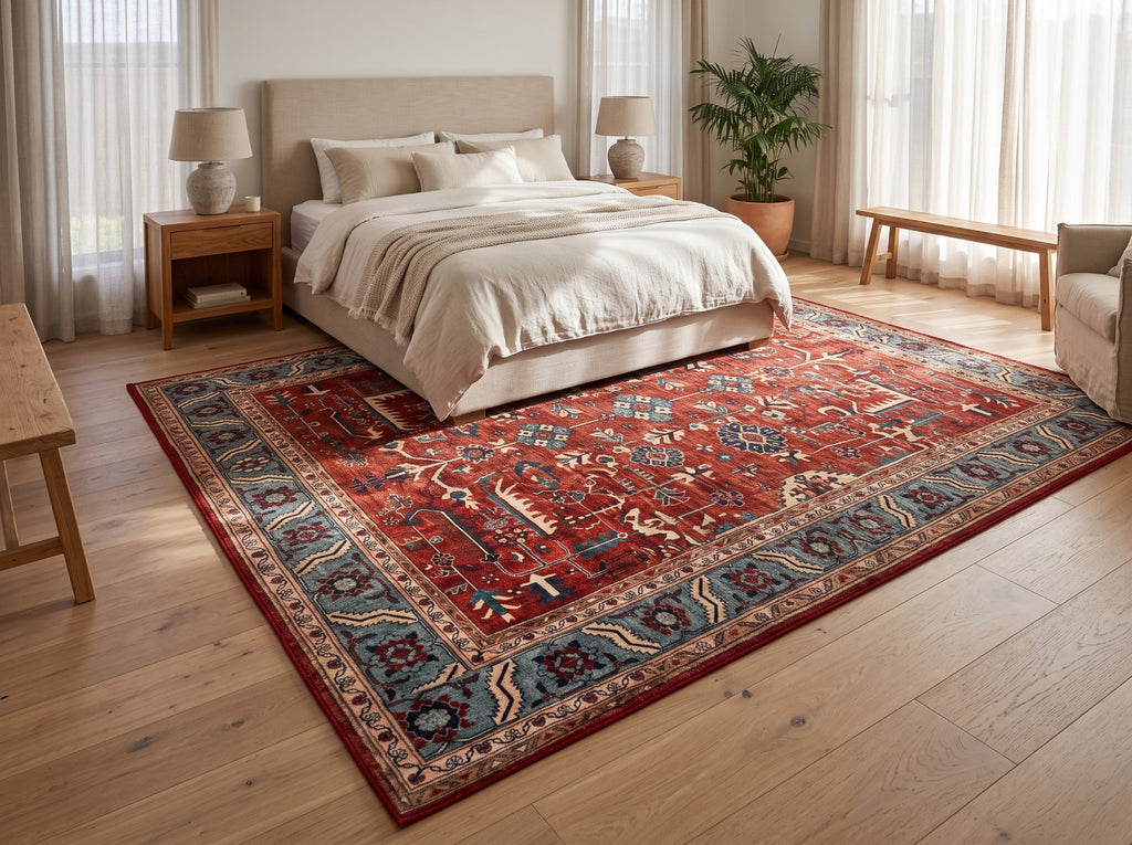 Anatolian Heritage 200 × 290 cm red and blue Turkish rug beneath a cream upholstered bed in a bright bedroom