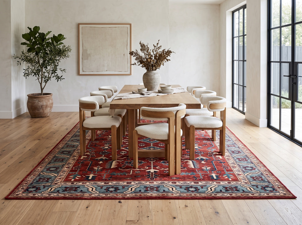 Anatolian Heritage 240 × 330 cm red and blue Turkish rug beneath a timber dining table in an open-plan dining room