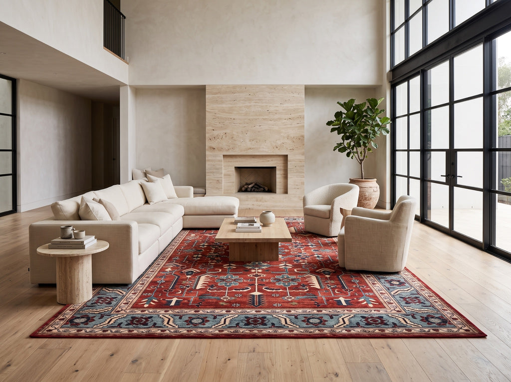 Anatolian Heritage 300 × 400 cm red and blue Turkish rug in a spacious lounge with a modular sofa and stone fireplace