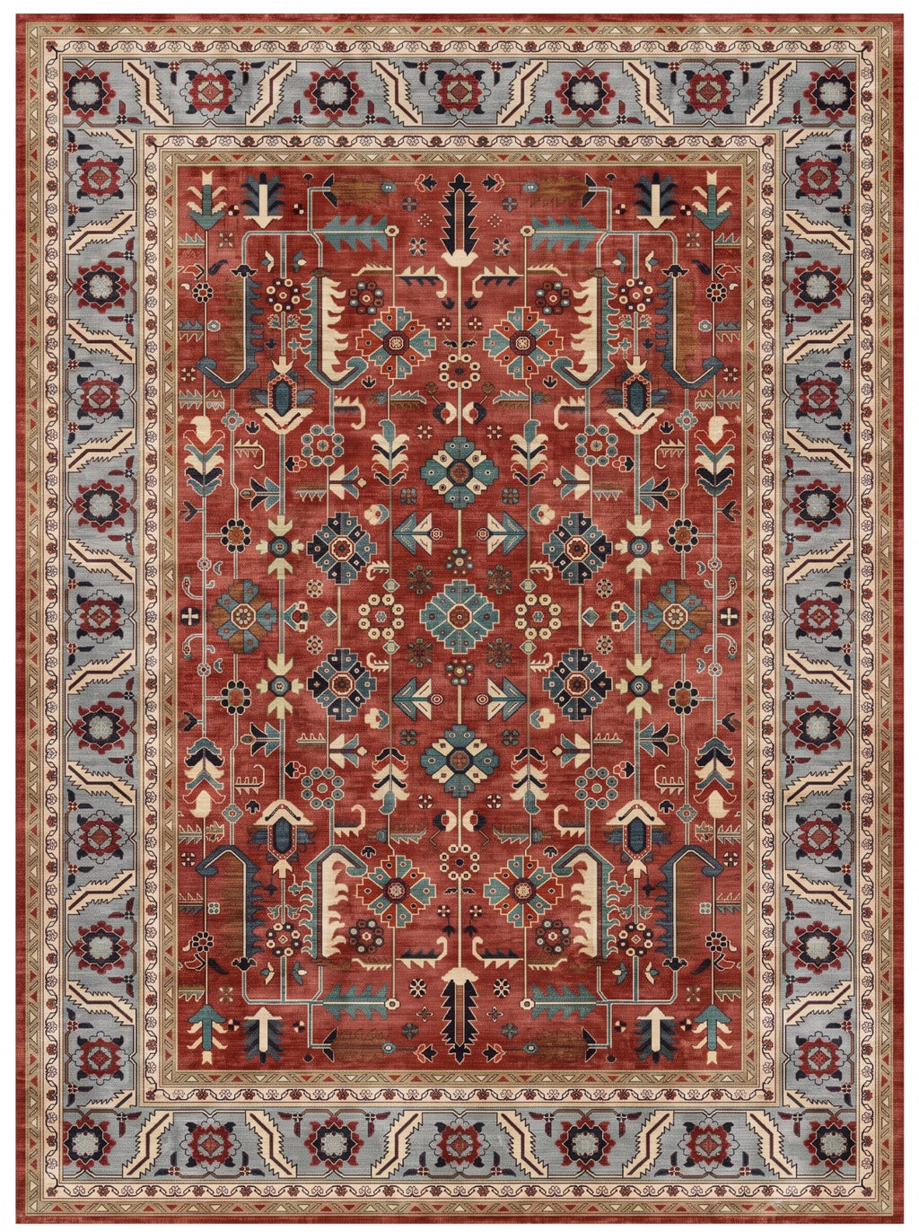 Full view of the Anatolian Heritage Turkish rug with a red field, blue-grey border and cream motifs