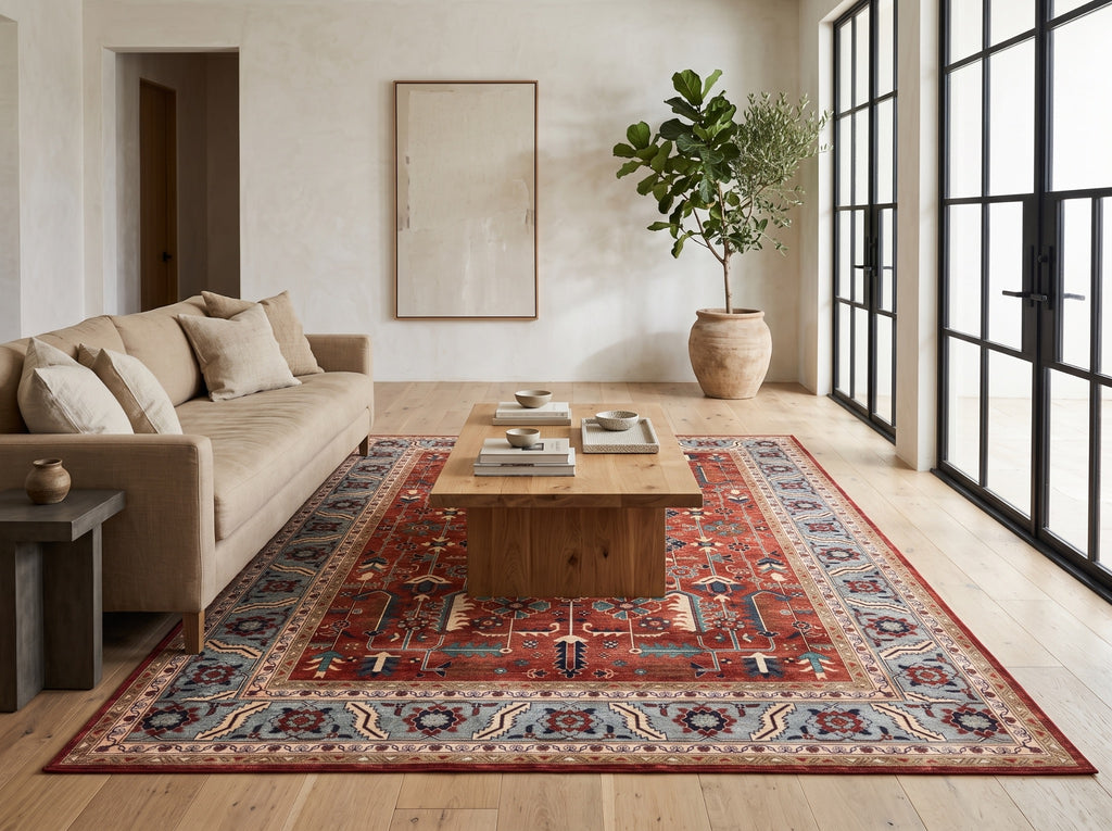 Anatolian Heritage red and blue Turkish rug styled beneath an oak coffee table in a neutral living room