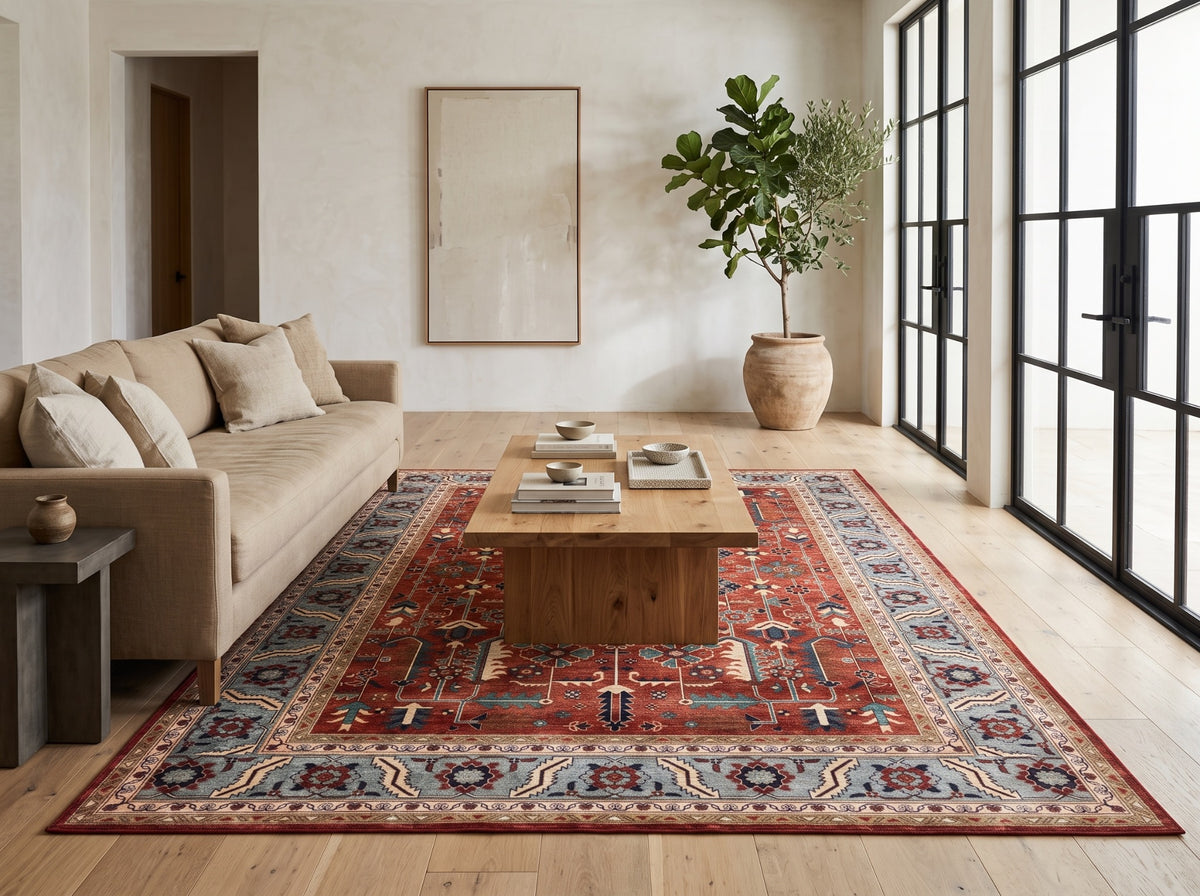 Anatolian Heritage red and blue Turkish rug styled beneath an oak coffee table in a neutral living room