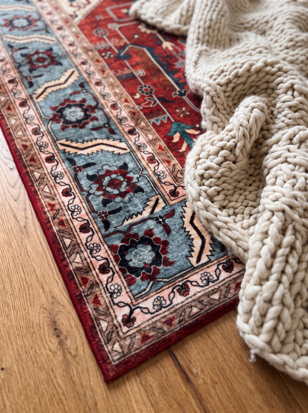 Close-up of the Anatolian Heritage red and blue Turkish rug styled with a cream knitted throw
