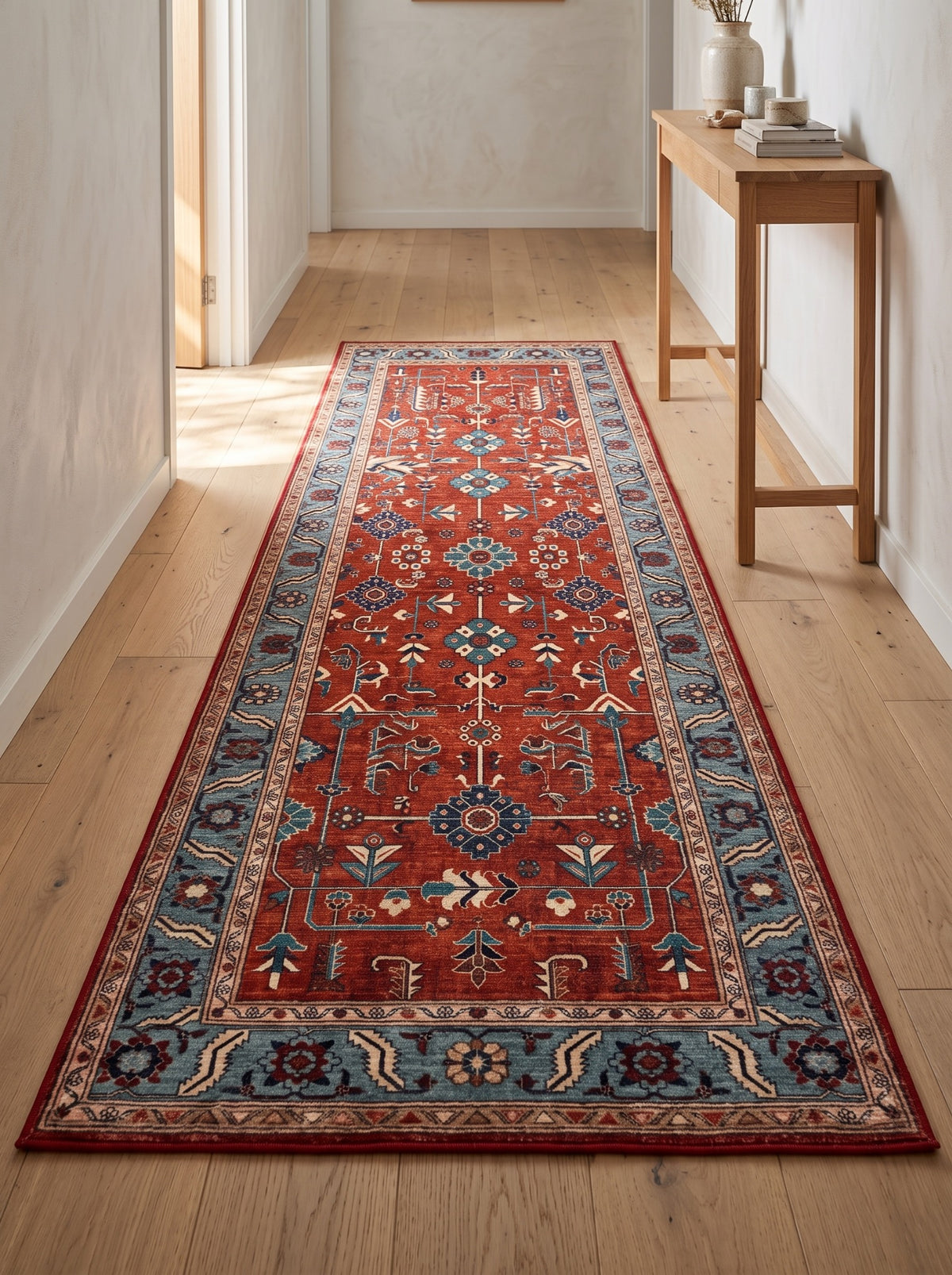 Anatolian Heritage red and blue Turkish runner styled in a bright hallway beside an oak console