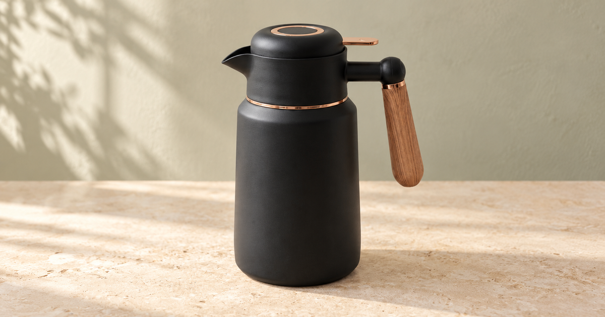Black 2L stainless steel thermal jug with copper-coloured trim and wood-effect handle.