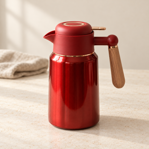 Red 2L stainless steel thermal jug with wood-effect handle on a neutral kitchen counter.