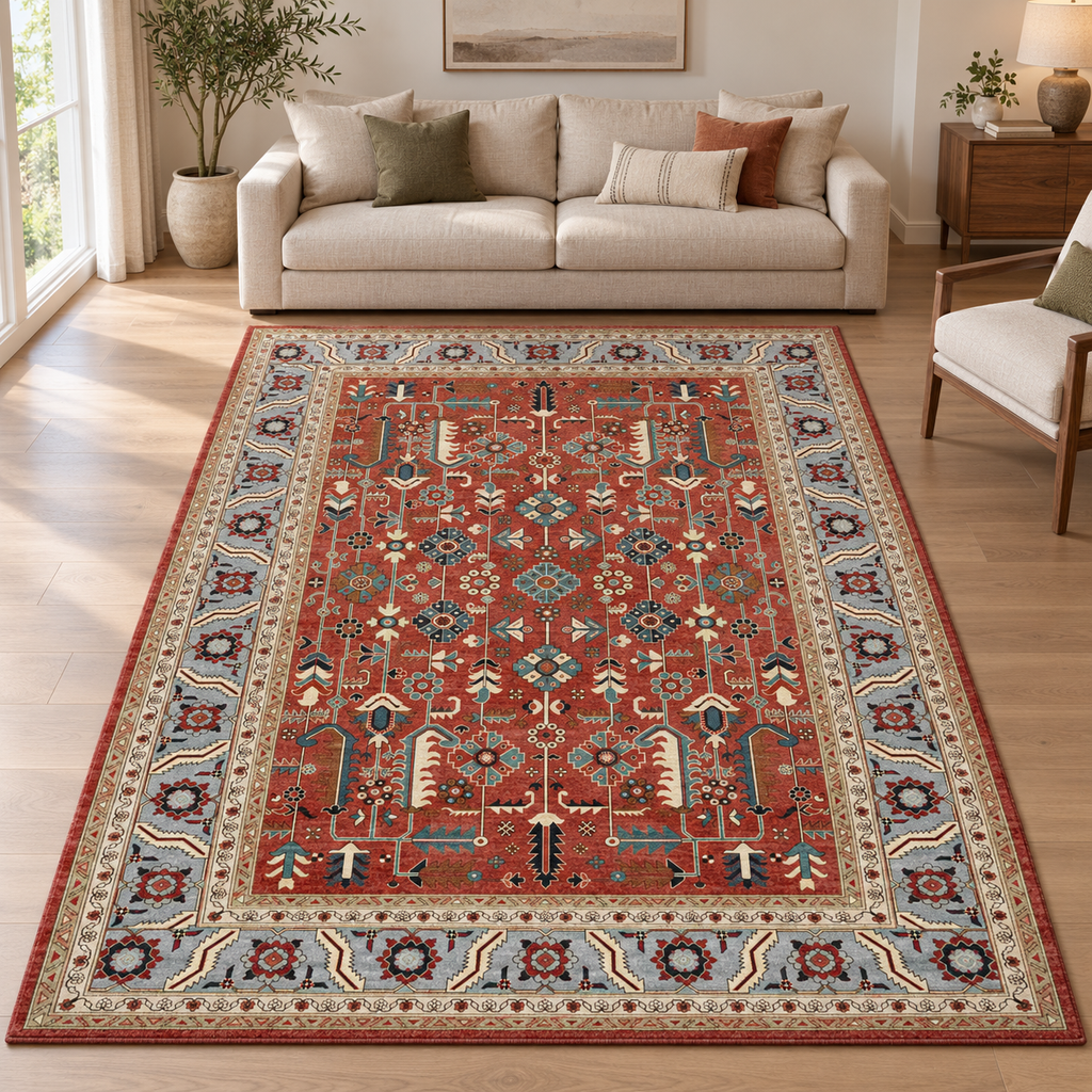 Anatolian Heritage Medallion rug 200 x 290 cm styled in a bright living room