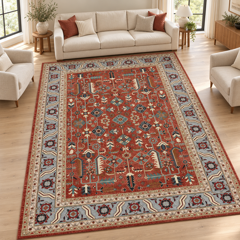 Anatolian Heritage Medallion rug 300 x 400 cm styled in a bright living room