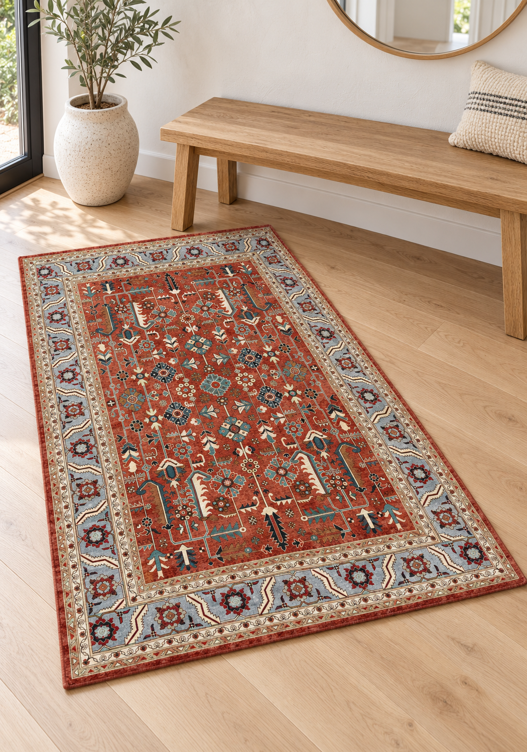 Anatolian Heritage Medallion rug 80 x 150 cm styled in a bright entryway