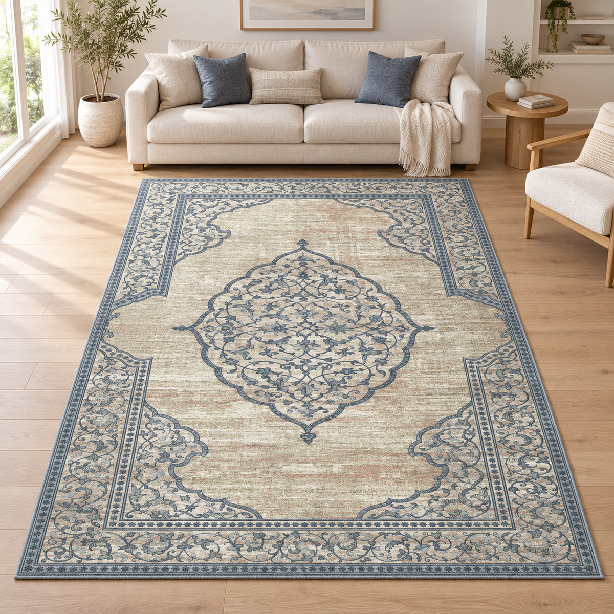 Celestial Vine Medallion rug 200 x 290 cm styled in a bright living room