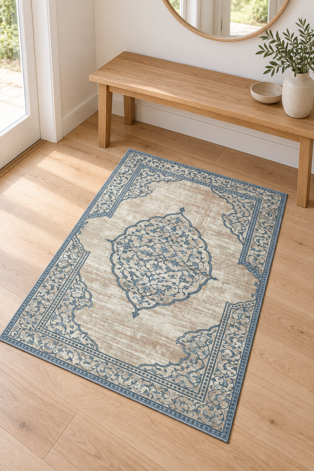 Celestial Vine Medallion rug 80 x 150 cm styled in a bright entryway