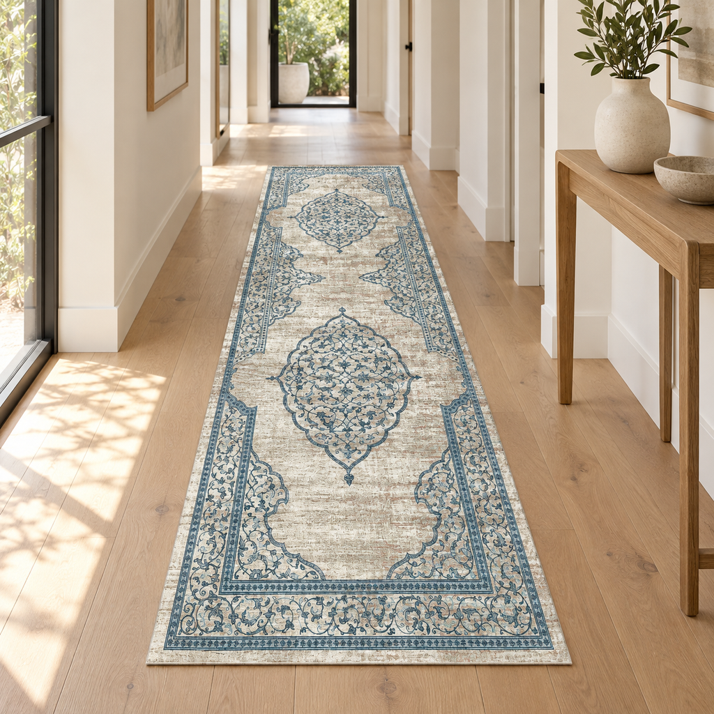 Celestial Vine Medallion rug 80 x 300 cm styled in a bright hallway