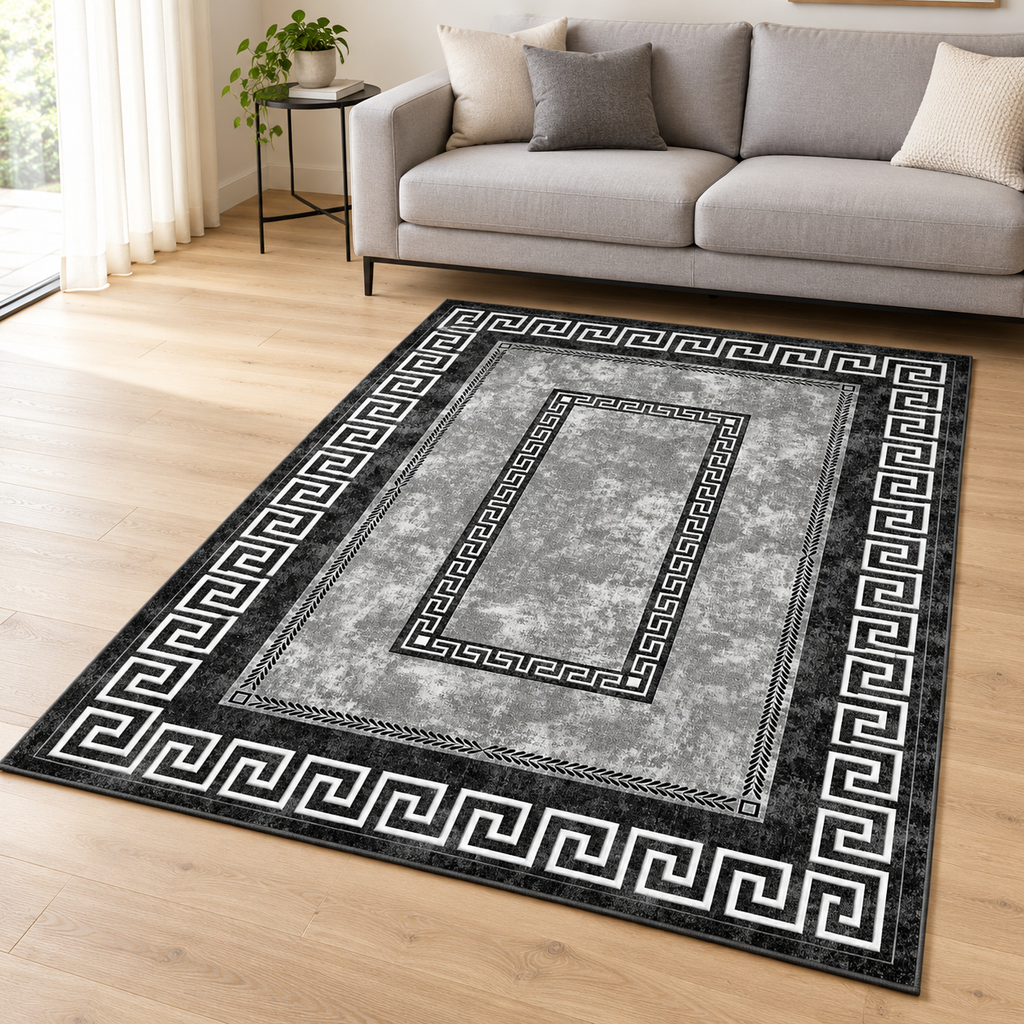 Monochrome Greek Key Border rug 160 x 230 cm styled in a bright living room
