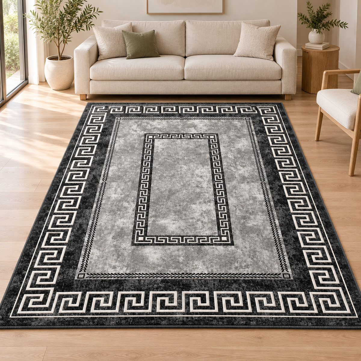 Monochrome Greek Key Border rug 200 x 290 cm styled in a bright living room