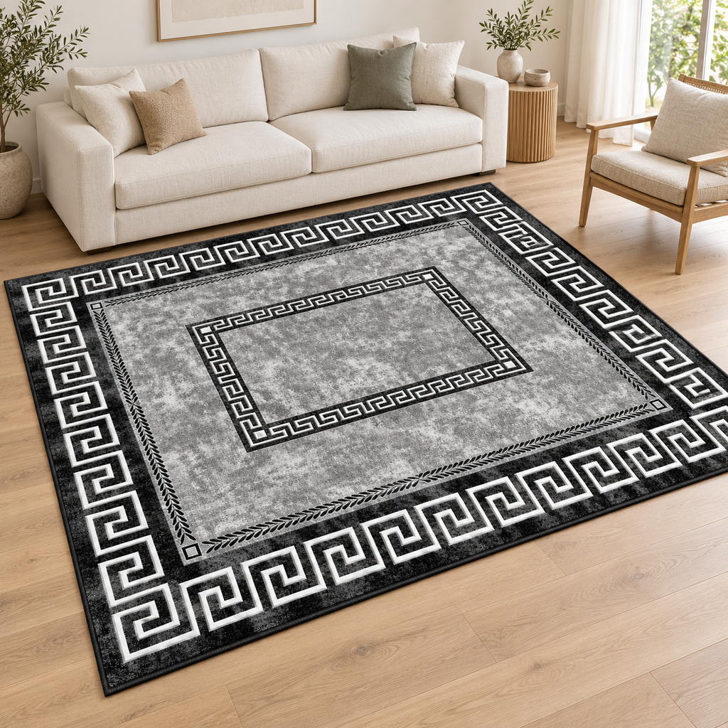 Monochrome Greek Key Border rug 240 x 330 cm styled in a bright living room