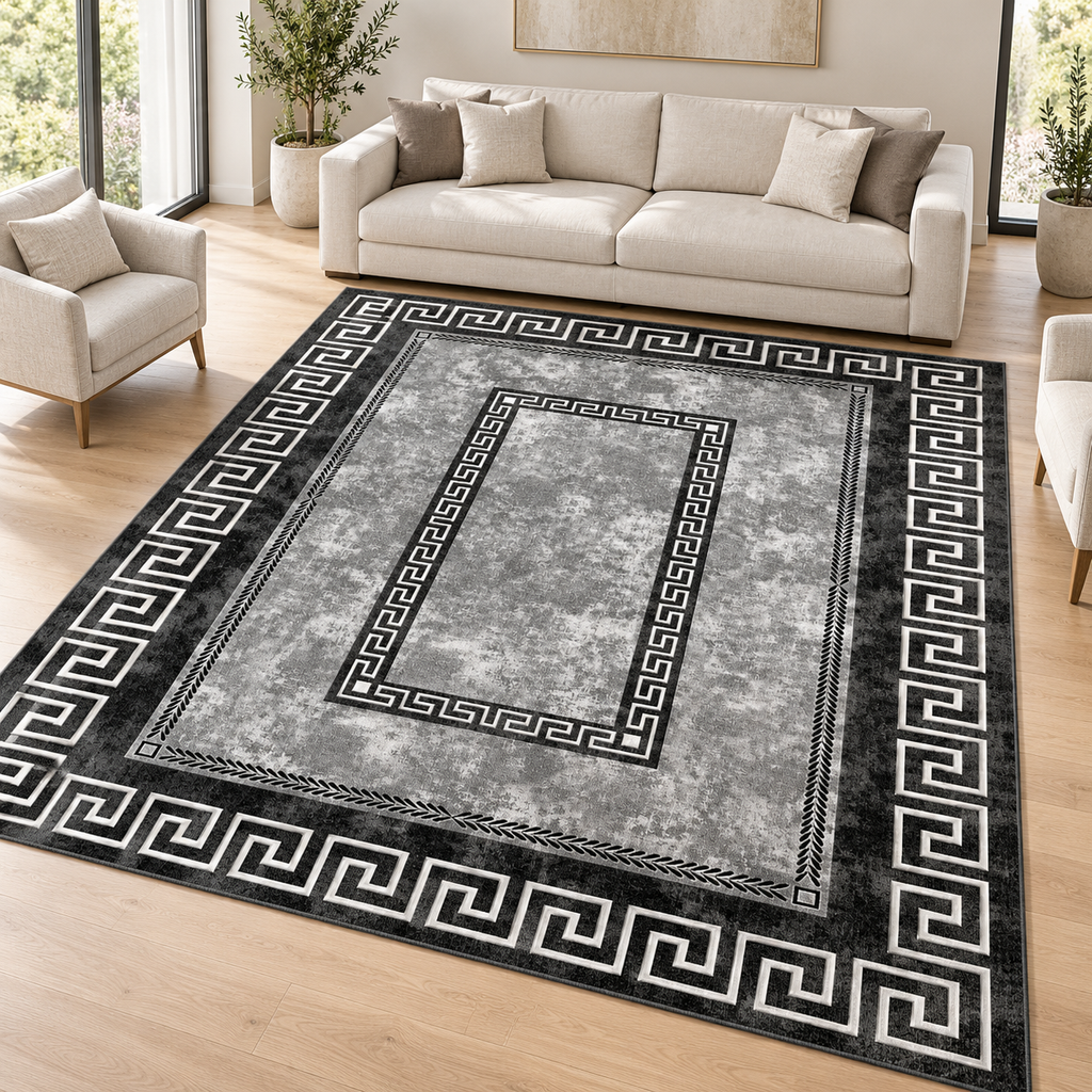 Monochrome Greek Key Border rug 300 x 400 cm styled in a bright living room