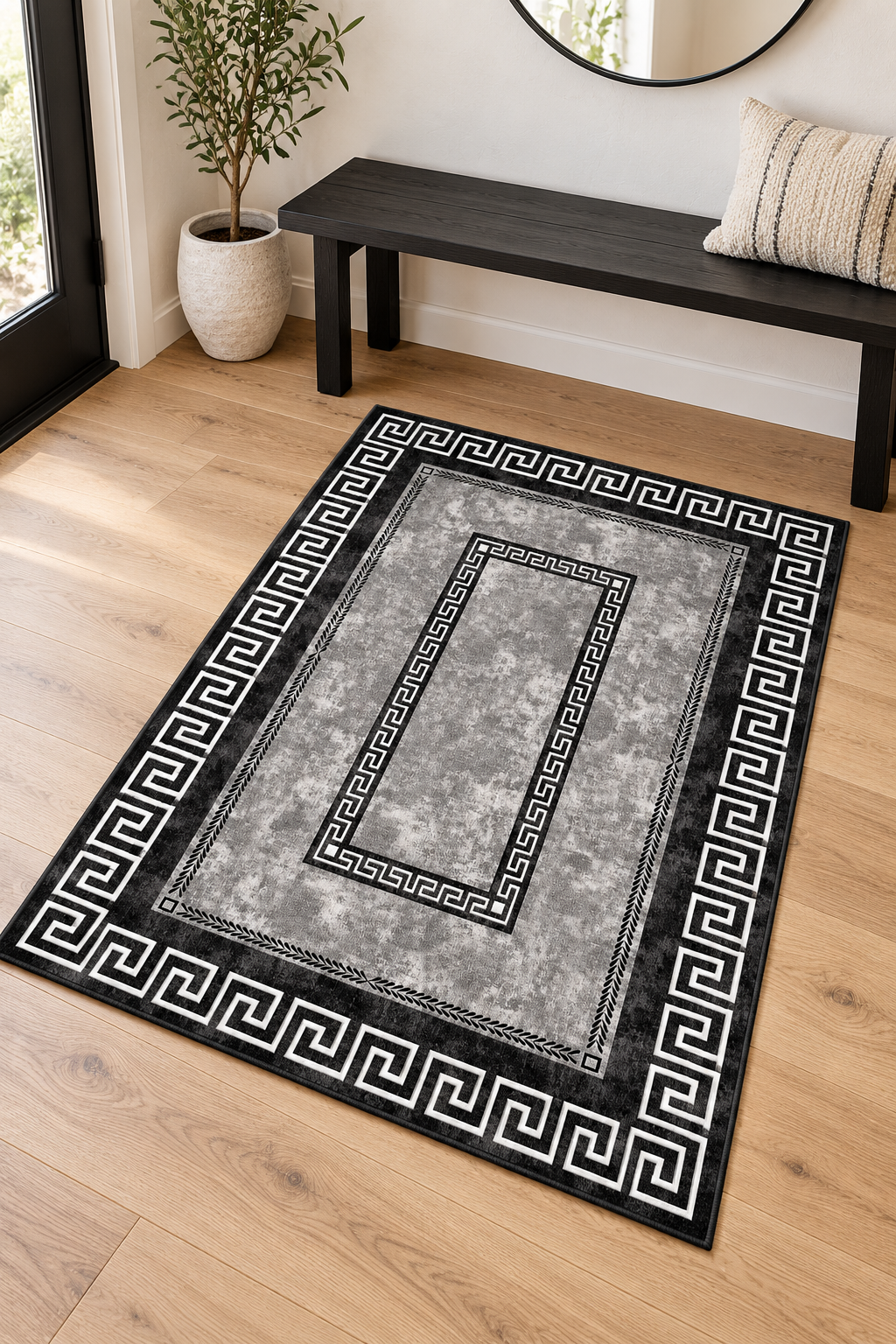 Monochrome Greek Key Border rug 80 x 150 cm styled in a bright entryway