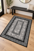 Monochrome Greek Key Border rug 80 x 150 cm styled in a bright entryway