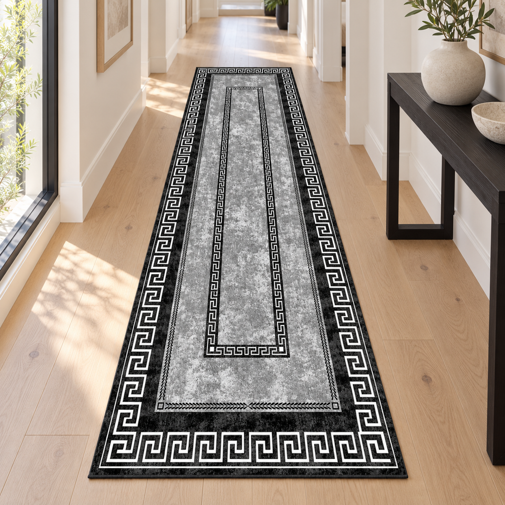 Monochrome Greek Key Border rug 80 x 300 cm styled in a bright hallway