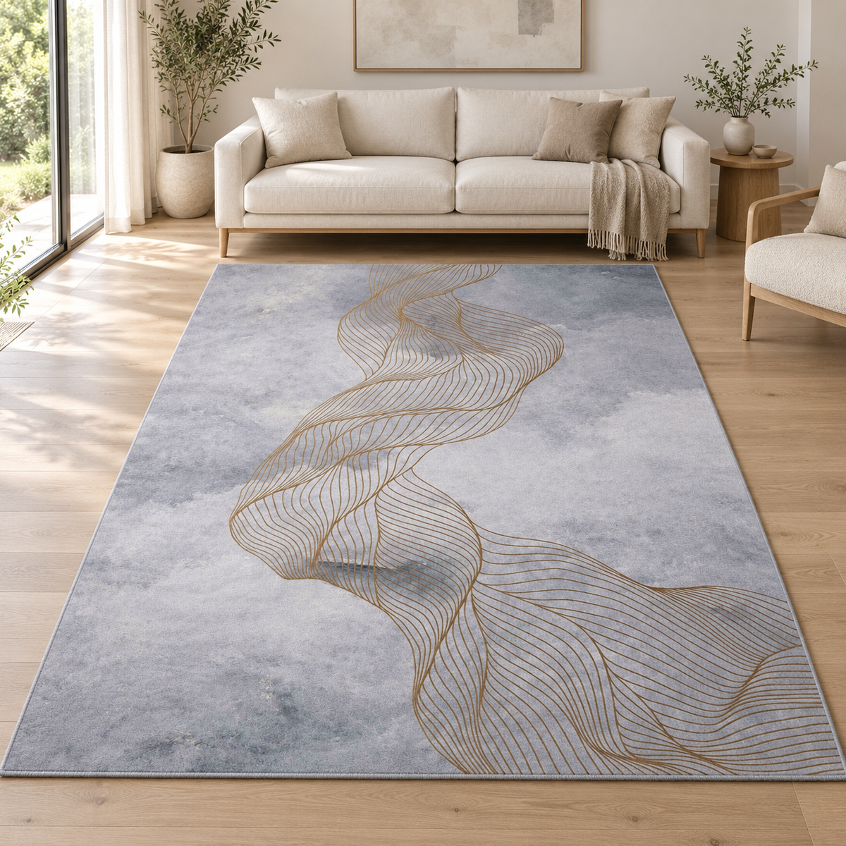 Abstract Wave Line rug 200 x 290 cm styled in a bright living room