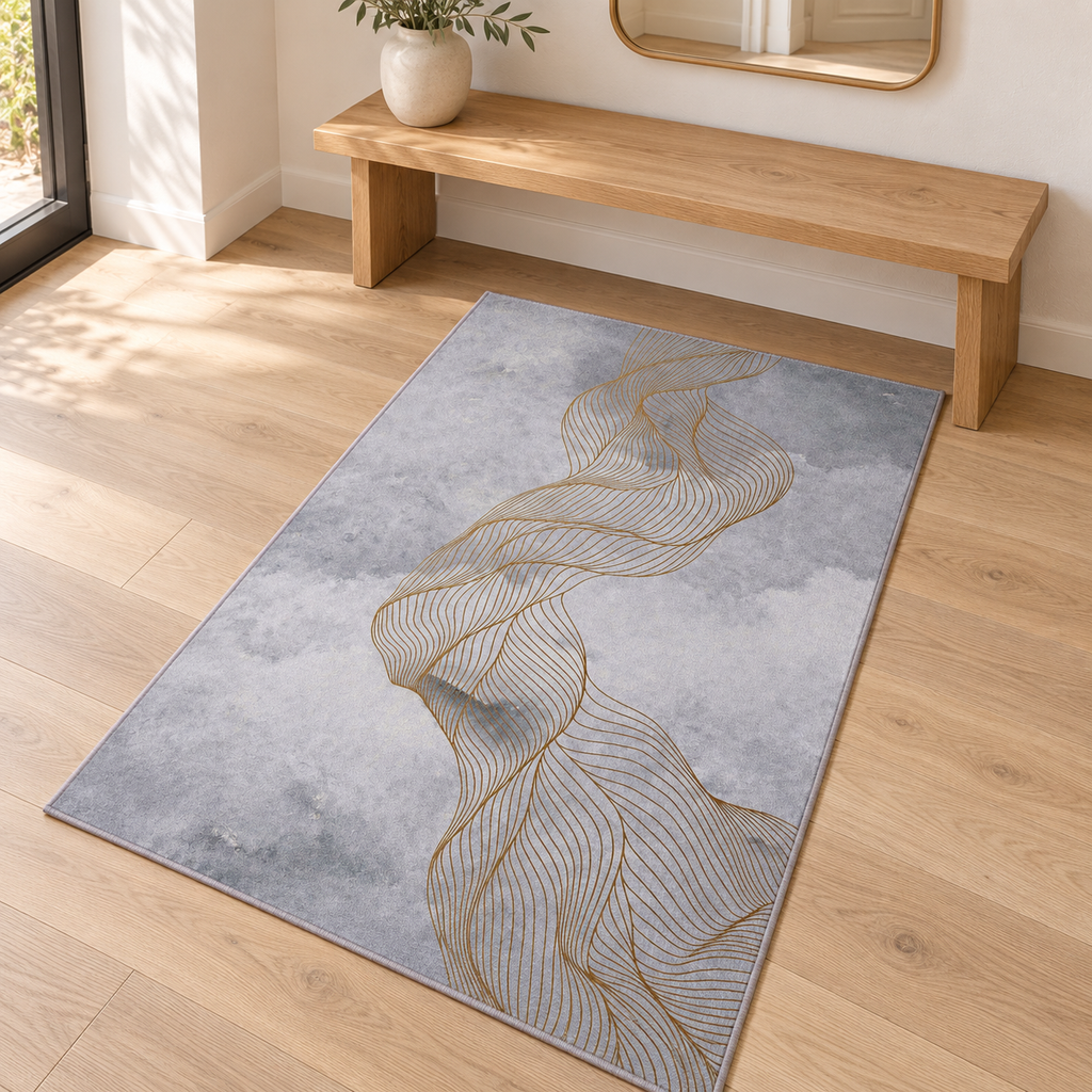Abstract Wave Line rug 80 x 150 cm styled in a bright entryway