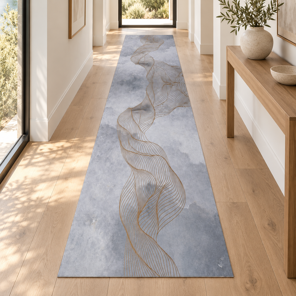 Abstract Wave Line rug 80 x 300 cm styled in a bright hallway