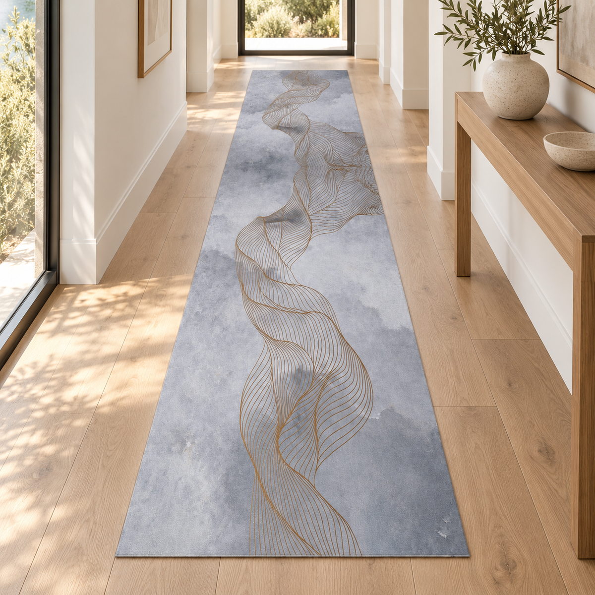 Abstract Wave Line rug 80 x 300 cm styled in a bright hallway
