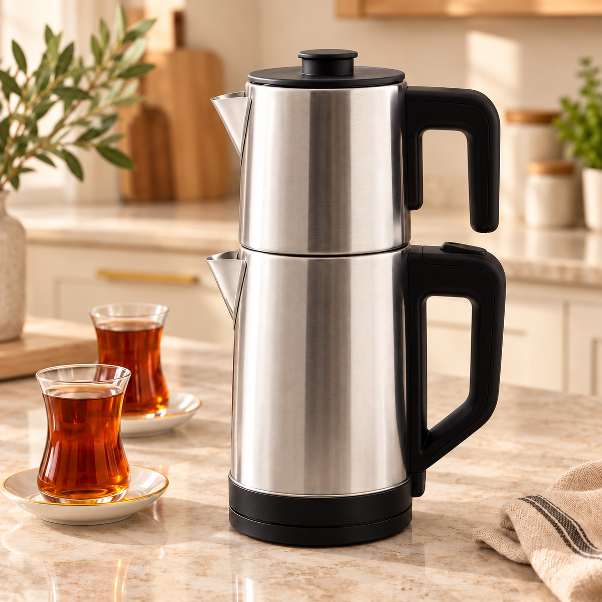 Bazaar G stainless steel electric Turkish tea maker in a kitchen with tea glasses