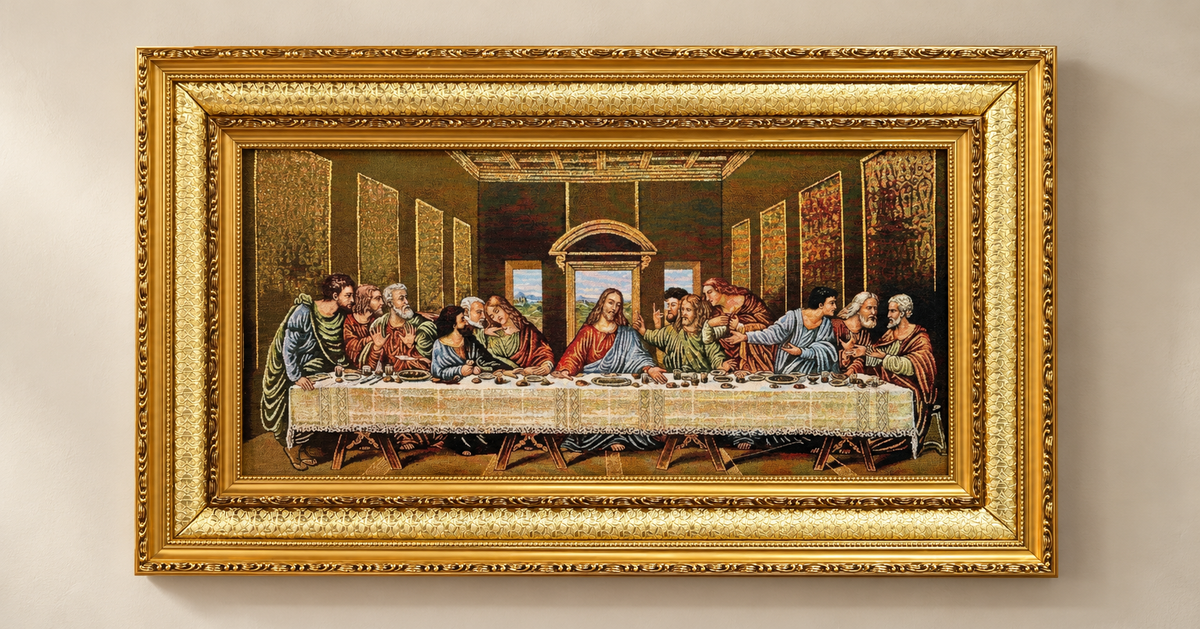 Front view of The Last Supper woven tapestry in an ornate gold-coloured frame.