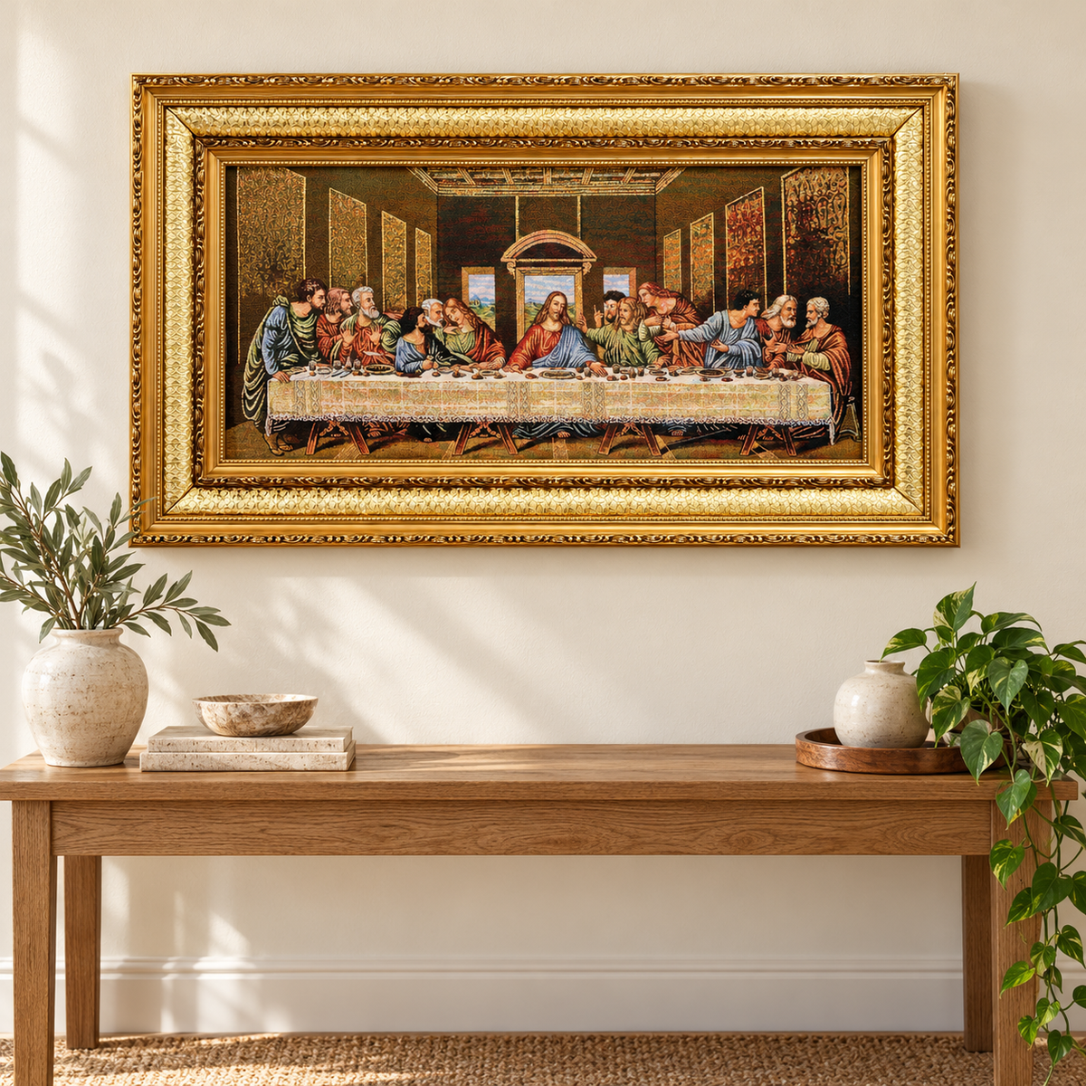 The Last Supper framed tapestry styled above a console; furniture and accessories are not included.